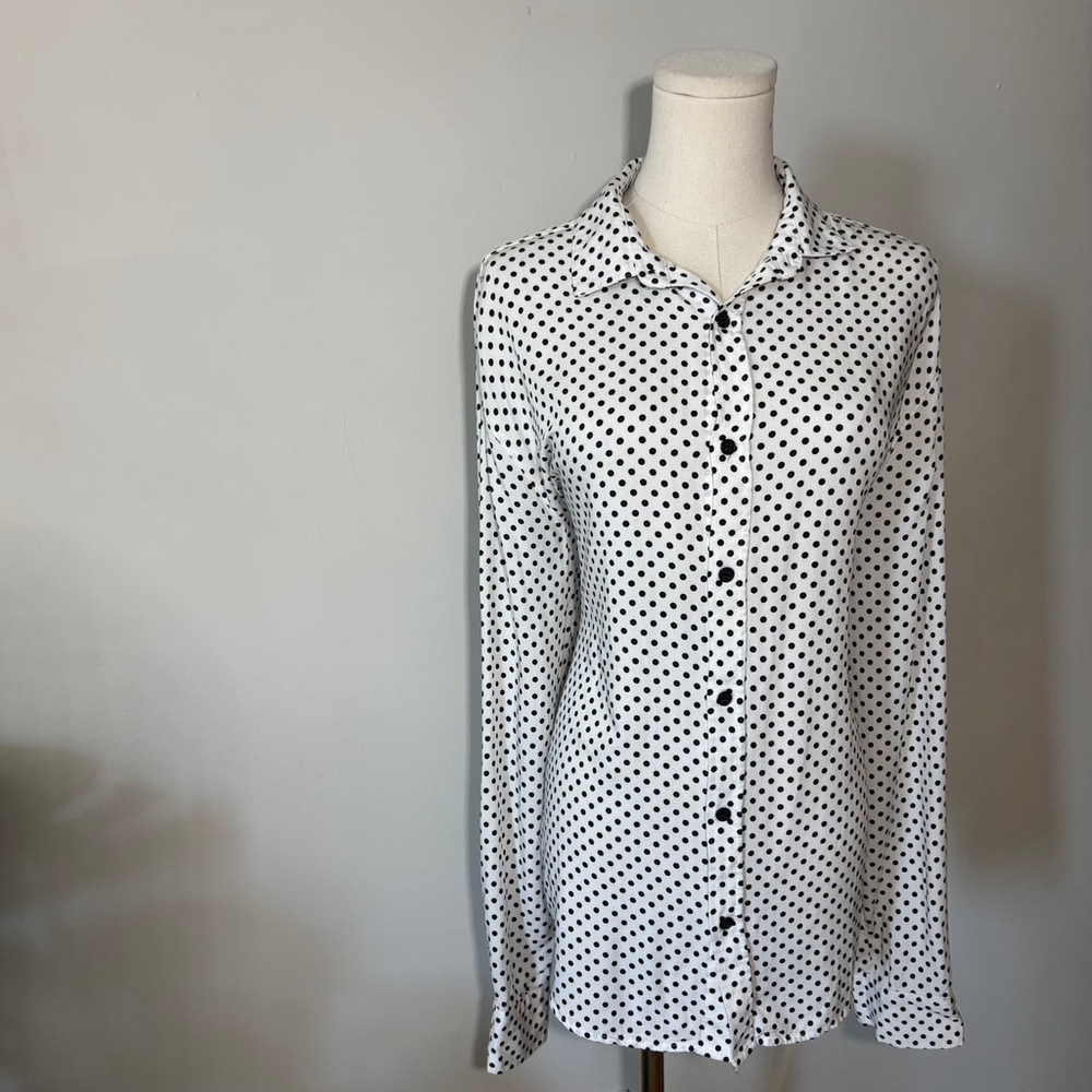 Forever 21 Women's Long Sleeve White & Black Polka Dot Button Down Shirt, SZ L